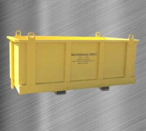 A bright yellow steel container featuring the text "Materials Only" in bold letters, set against a simple metal surface.