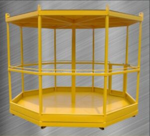 A yellow octagon shaped personnel basket with a durable metal frame on a metal surface, highlighting its functional and high visibility color.