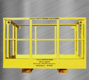 A durable yellow safety cage supported by a metal frame, with lifting fork pockets ideal for enhancing personnel safety in industrial settings.