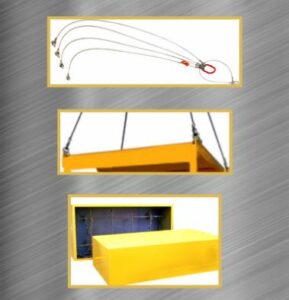A photo illustrating a diverse array of equipment, highlighting their distinct features and uses in a visually appealing manner. Equipment shown include a 5-Legged 3/8″ Wire Rope Sling and a concrete test weight, both used for lifting personnel safety lifting baskets.