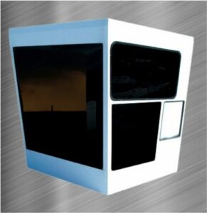 white cab with slanted front and windows on 3 sides on stainless steel background
