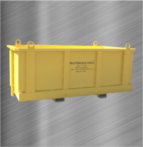 A bright yellow steel container featuring the text "Materials Only" in bold letters, set against a simple metal surface.