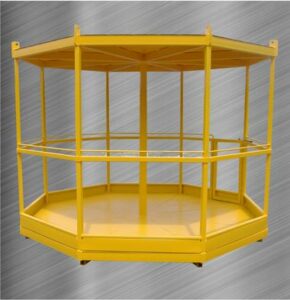 A yellow octagon shaped personnel basket with a durable metal frame on a metal surface, highlighting its functional and high visibility color.