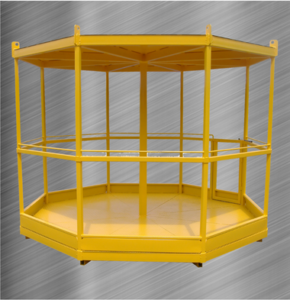 A yellow octagon shaped personnel basket with a durable steel frame with crane lifting eyes on a metal surface, highlighting its functional and high visibility color.