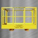 A durable yellow safety cage supported by a metal frame, with lifting fork pockets ideal for enhancing personnel safety in industrial settings.