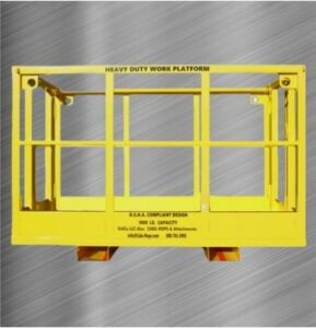 A durable yellow safety work platform supported by a steel metal frame, with lifting fork pockets ideal for enhancing personnel safety in industrial settings.