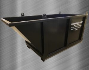black slanted side waste container for construction debris on a stainless steel background