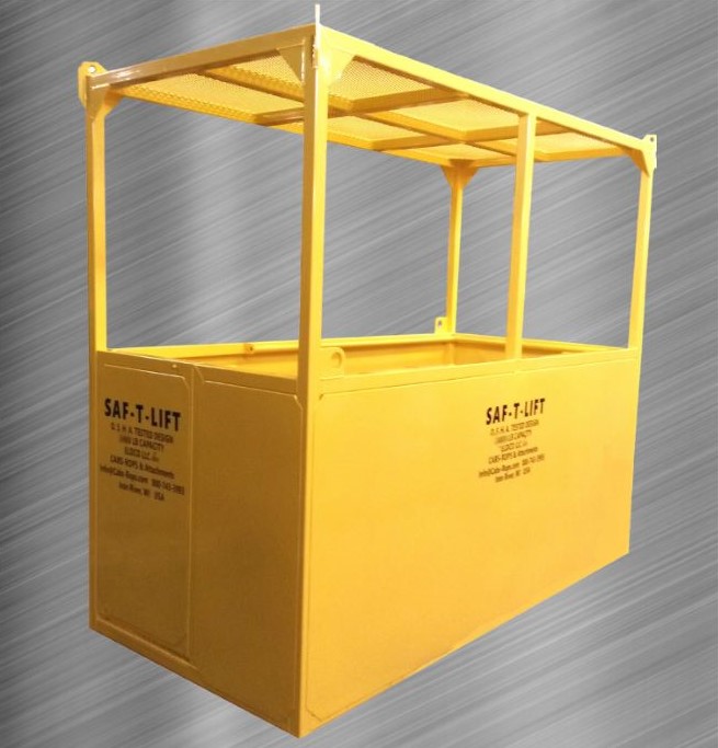 yellow 4x8 personnel basket with enclosed sides and mesh roof on stainless steel background