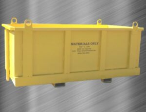 A bright yellow construction material bin for waste disposal featuring the text "Materials Only" in bold letters, designed and fabricated by Cabs Rops & Attachments for safe construction material storage and transport.