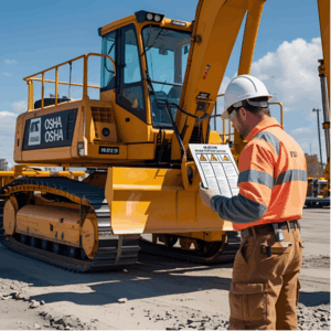 Construction safety inspector reviewing OSHA checklist beside a yellow excavator on a job site, ensuring compliance and safe operation standards for heavy equipment