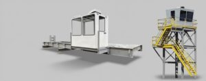 Two installed control cabs on platforms highlighted on a light grey background